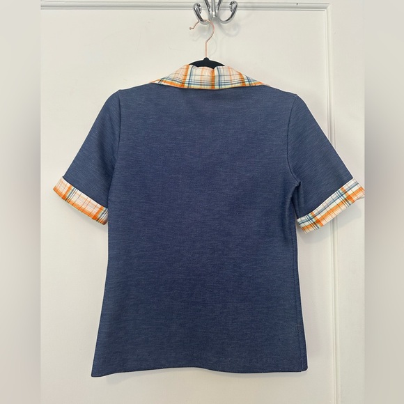 VINTAGE 3-pc 60s/70s denim/plaid print skirt/shirt/tunic set w/apple motif (S) - Picture 13 of 16